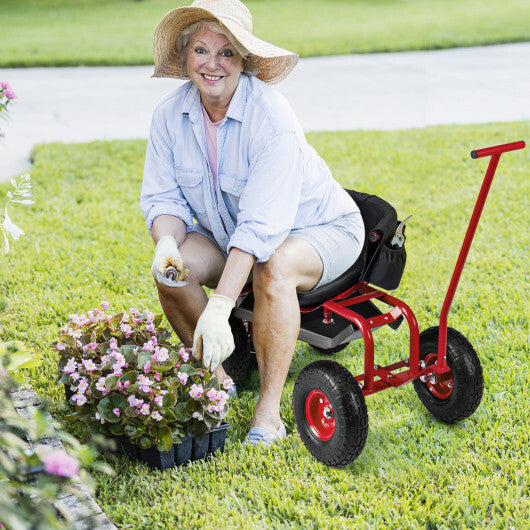 Costway Rolling Garden Cart with Height Adjustable Swivel Seat and Storage Basket-Red W2B