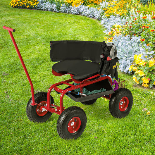 Costway Rolling Garden Cart with Height Adjustable Swivel Seat and Storage Basket-Red W2B