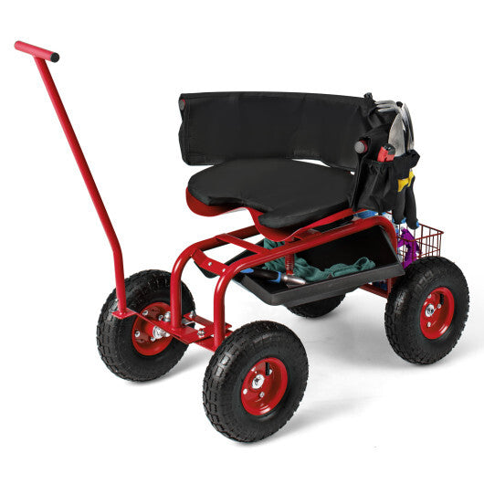 Costway Rolling Garden Cart with Height Adjustable Swivel Seat and Storage Basket-Red W2B