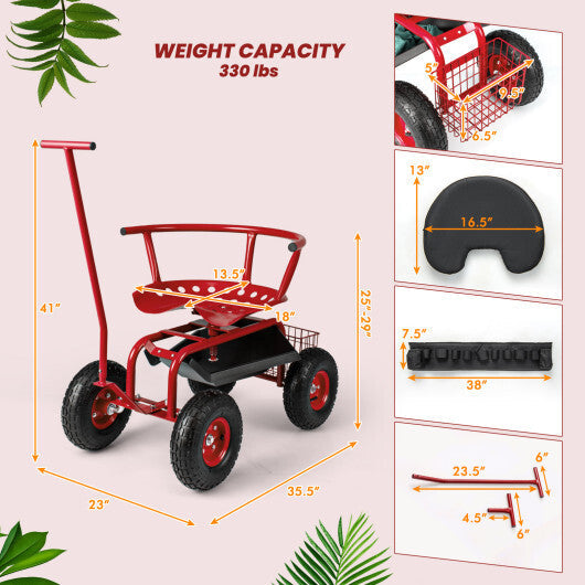 Costway Rolling Garden Cart with Height Adjustable Swivel Seat and Storage Basket-Red W2B