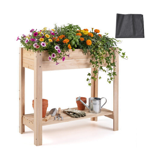 Costway Wooden Raised Garden Bed with Legs  Storage Shelf  Liner  Drainage for Backyard W2B