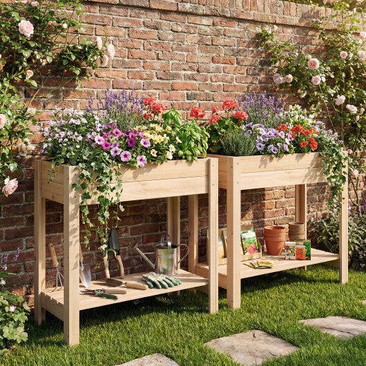 Costway Wooden Raised Garden Bed with Legs  Storage Shelf  Liner  Drainage for Backyard W2B