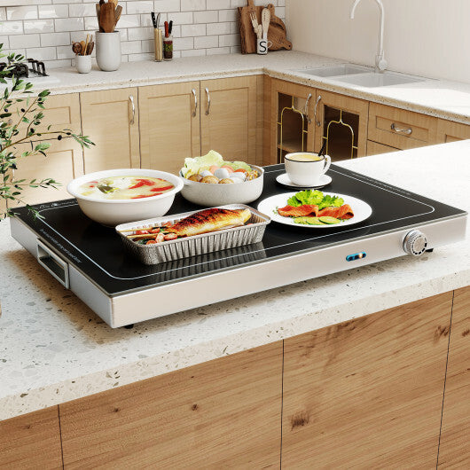 Costway Electric Warming Tray with Adjustable Temperature and Built-In Handles Tempered Glass W2B