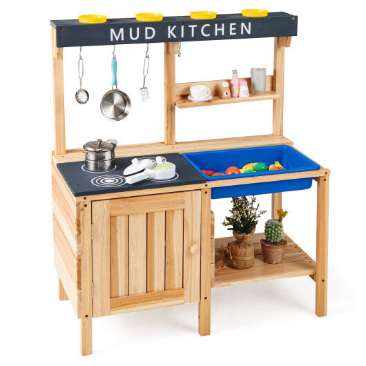 Costway Outdoor Mud Kids Kitchen Playset Wooden Pretend Play Toy with Kitchenware W2B