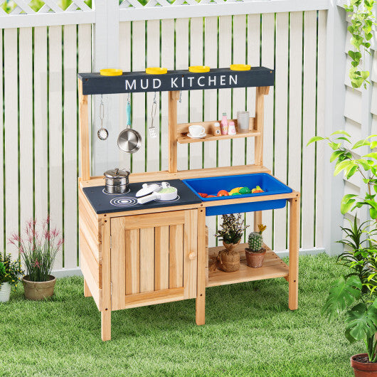 Costway Outdoor Mud Kids Kitchen Playset Wooden Pretend Play Toy with Kitchenware W2B