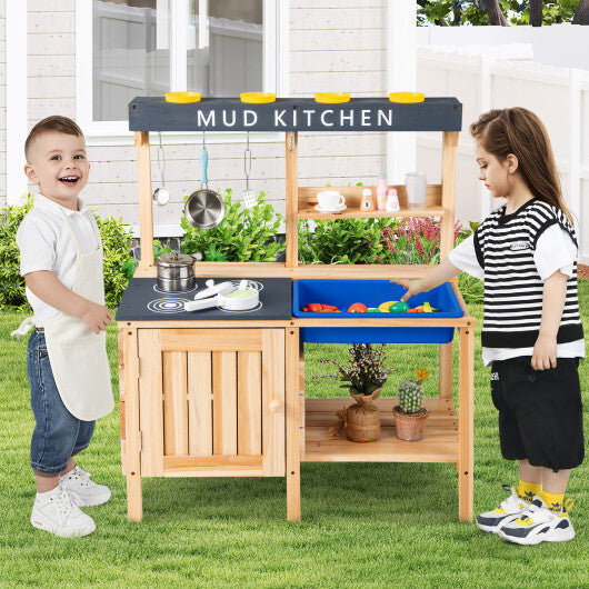 Costway Outdoor Mud Kids Kitchen Playset Wooden Pretend Play Toy with Kitchenware W2B