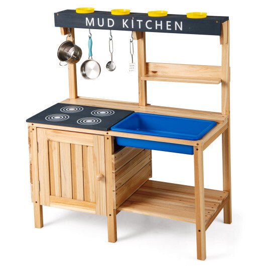 Costway Outdoor Mud Kids Kitchen Playset Wooden Pretend Play Toy with Kitchenware W2B