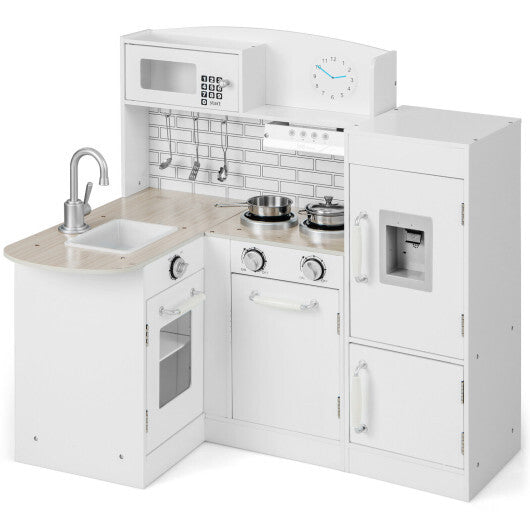 Costway Kids Kitchen Playset Conor Kitchen Toy with Realistic Microwave and Oven Stove-White W2B