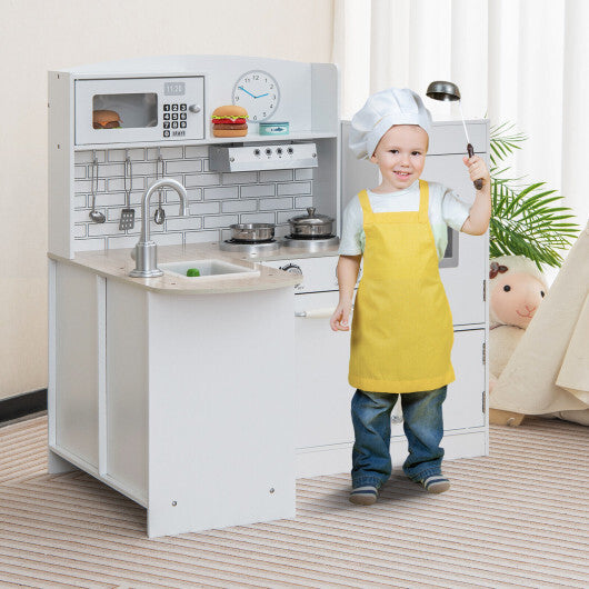 Costway Kids Kitchen Playset Conor Kitchen Toy with Realistic Microwave and Oven Stove-White W2B
