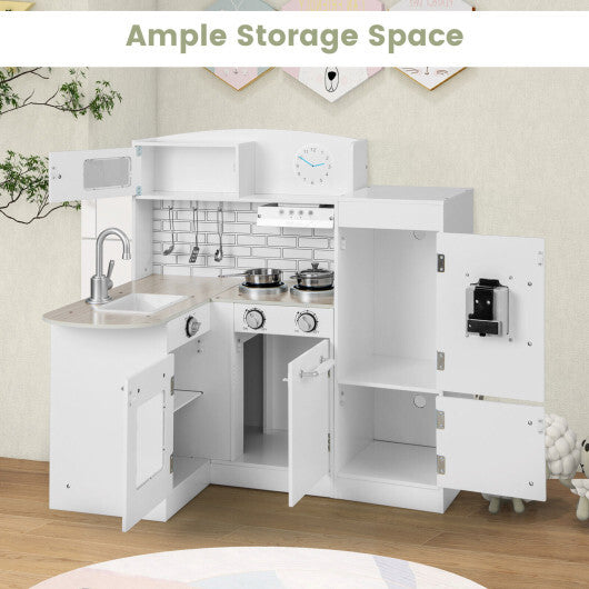 Costway Kids Kitchen Playset Conor Kitchen Toy with Realistic Microwave and Oven Stove-White W2B