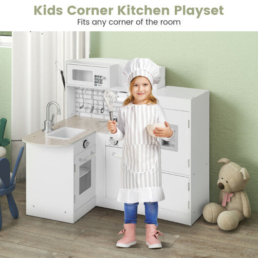 Costway Kids Kitchen Playset Conor Kitchen Toy with Realistic Microwave and Oven Stove-White W2B