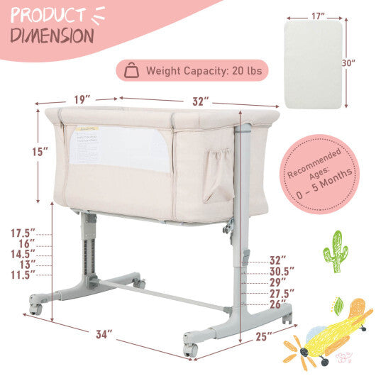 Babyjoy 3-in-1 Baby Bassinet Beside Sleeper Crib with 5-Level Adjustable Heights Beige W2B