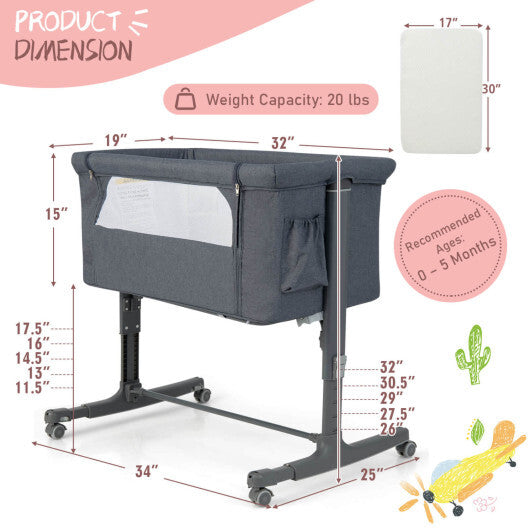 Babyjoy 3-in-1 Baby Bassinet Beside Sleeper Crib with 5-Level Adjustable Heights Gray W2B