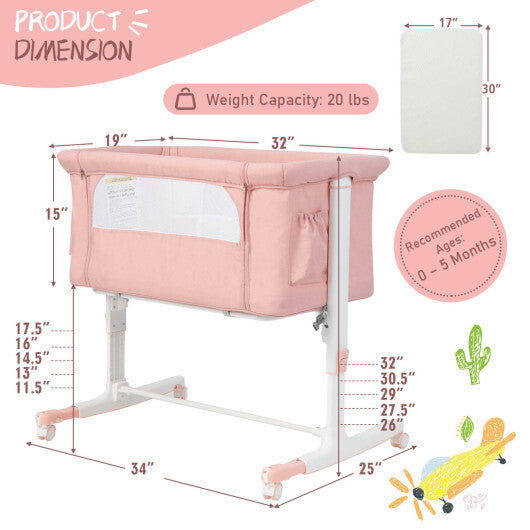 Babyjoy 3-in-1 Baby Bassinet Beside Sleeper Crib with 5-Level Adjustable Heights Pink W2B