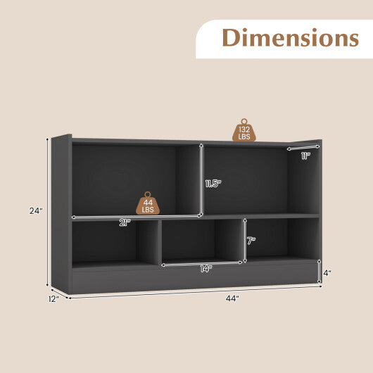 Costway Kids 2-Shelf Bookcase 5-Cube Wood Toy Storage Cabinet Organizer-Gray W2B