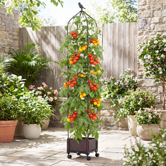 Costway 1 PCS Raised Garden Bed Tomato Cage Planter Box with PE-Coated Metal Trelli Wheels W2B
