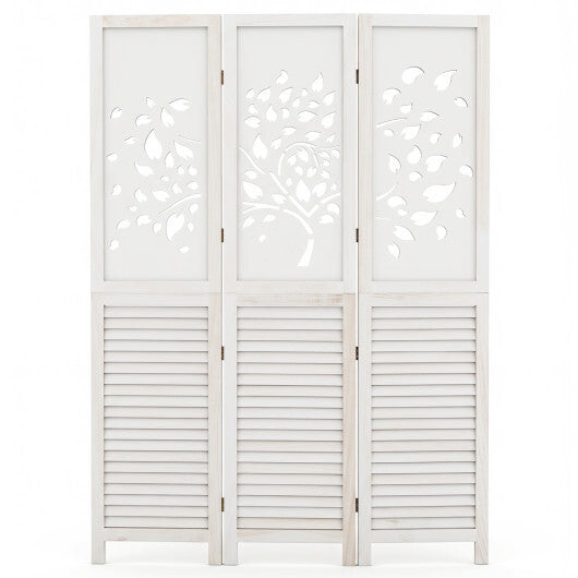 Costway 67" Folding Room Divider 3 Panels with Tree Cutout & Louver Design for Room-White W2B
