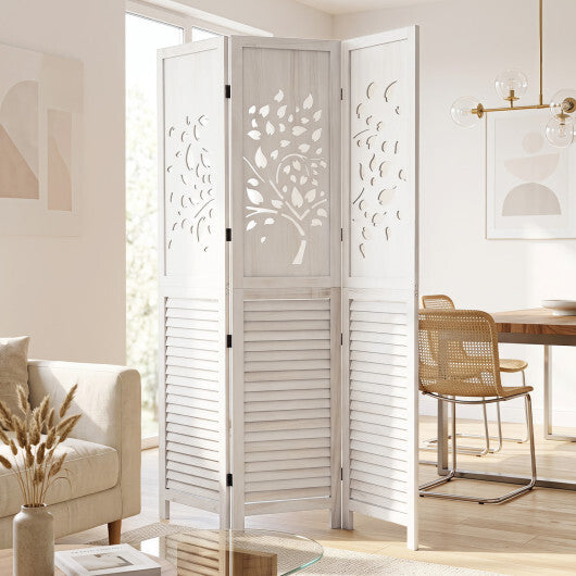 Costway 67" Folding Room Divider 3 Panels with Tree Cutout & Louver Design for Room-White W2B