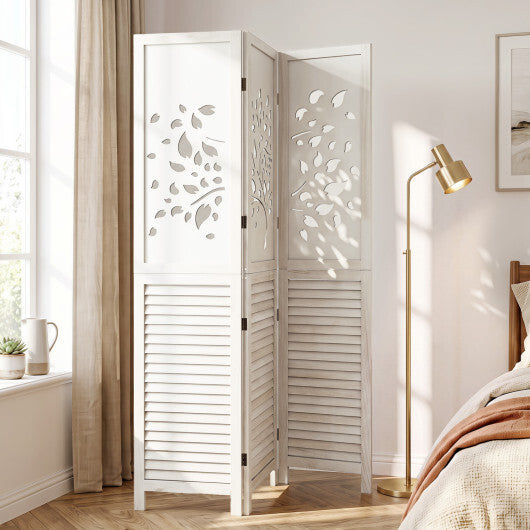 Costway 67" Folding Room Divider 3 Panels with Tree Cutout & Louver Design for Room-White W2B
