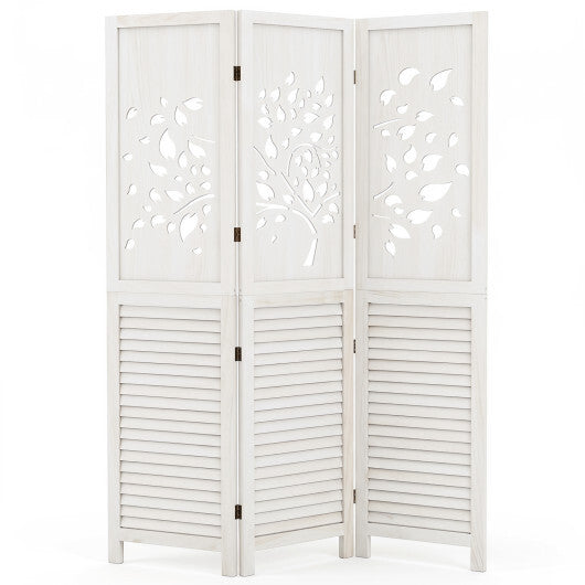 Costway 67" Folding Room Divider 3 Panels with Tree Cutout & Louver Design for Room-White W2B