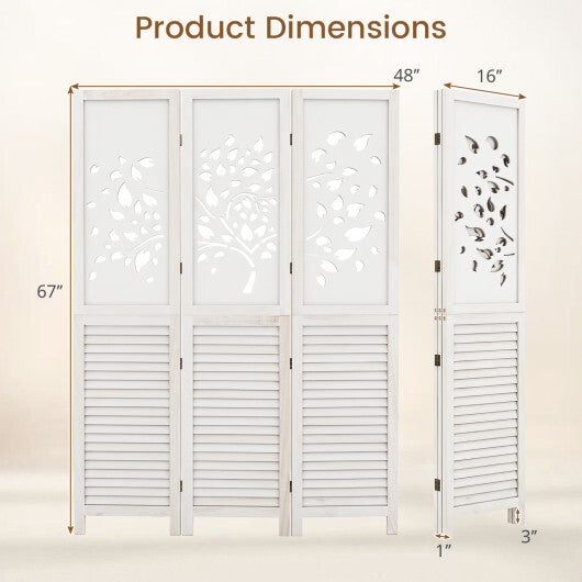 Costway 67" Folding Room Divider 3 Panels with Tree Cutout & Louver Design for Room-White W2B