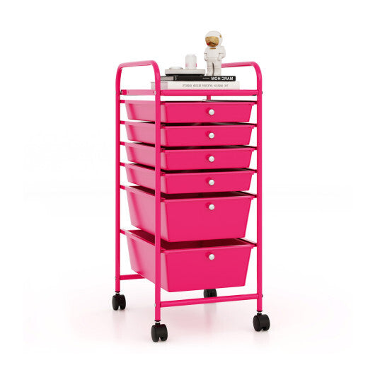Costway Multifunctional 6 Drawers Rolling Storage Cart Organizer-Rose Red W2B