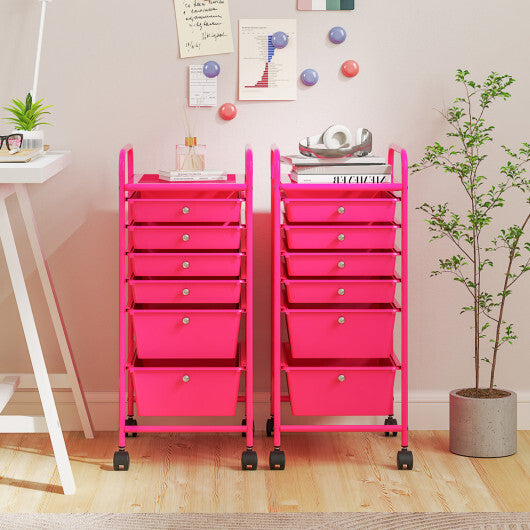 Costway Multifunctional 6 Drawers Rolling Storage Cart Organizer-Rose Red W2B