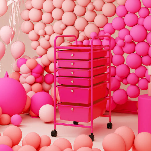 Costway Multifunctional 6 Drawers Rolling Storage Cart Organizer-Rose Red W2B
