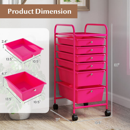 Costway Multifunctional 6 Drawers Rolling Storage Cart Organizer-Rose Red W2B