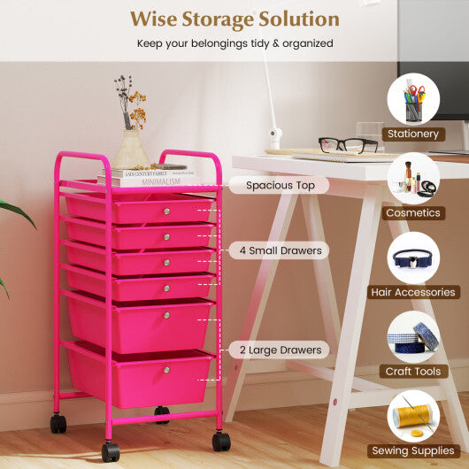 Costway Multifunctional 6 Drawers Rolling Storage Cart Organizer-Rose Red W2B
