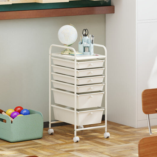 Costway Multifunctional 6 Drawers Rolling Storage Cart Organizer-White W2B