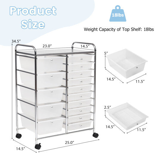 Costway 15 Drawers Rolling Storage Cart Organizer-clear W2B
