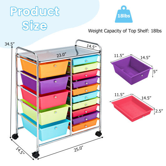 Costway 15-Drawer Utility Rolling Organizer Cart with Multi-Use Storage-Multicolor W2B