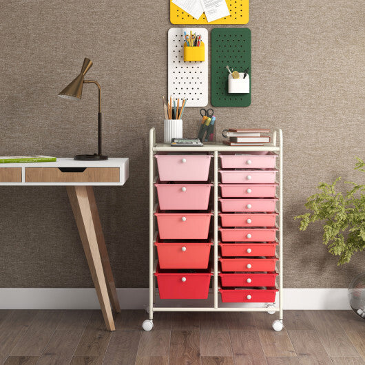 Costway 15-Drawer Utility Rolling Organizer Cart Multi-Use Storage-Gradient Pink W2B