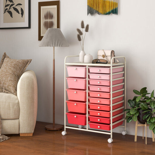 Costway 15-Drawer Utility Rolling Organizer Cart Multi-Use Storage-Gradient Pink W2B