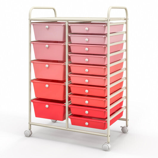 Costway 15-Drawer Utility Rolling Organizer Cart Multi-Use Storage-Gradient Pink W2B