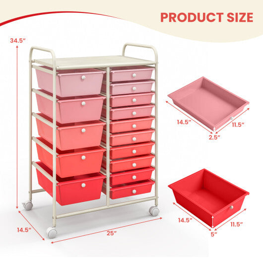 Costway 15-Drawer Utility Rolling Organizer Cart Multi-Use Storage-Gradient Pink W2B