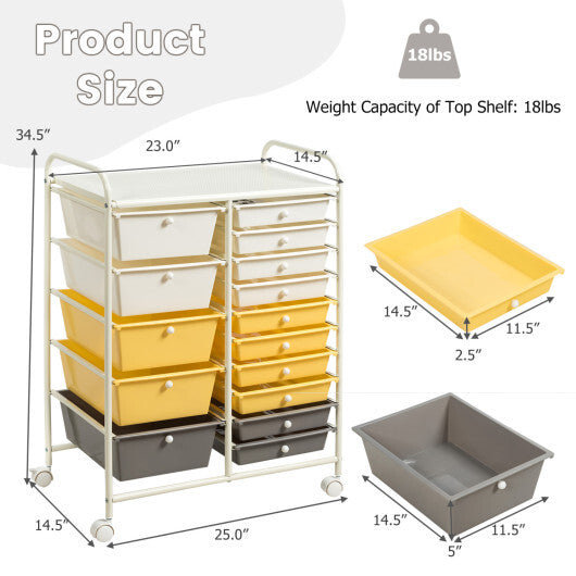 Costway 15-Drawer Storage Rolling Organizer Cart-Yellow W2B
