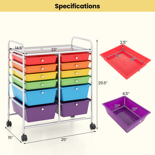 Costway 12 Drawers Rolling Cart Storage Scrapbook Paper Organizer Bins-Multicolor W2B