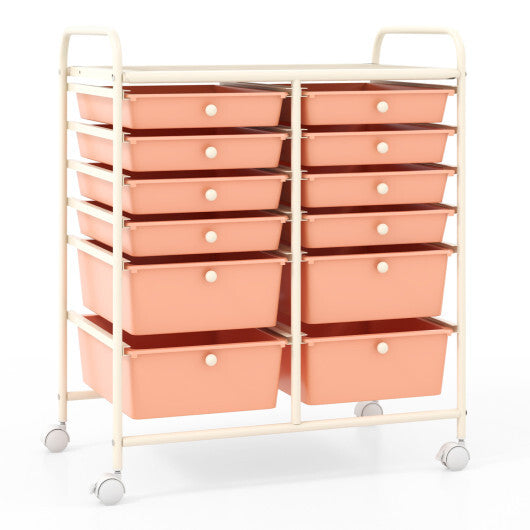 Costway 12-Drawer Rolling Storage Cart with Removable Drawers and Lockable Wheels-Peach W2B