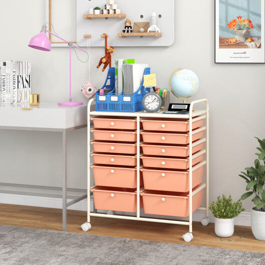 Costway 12-Drawer Rolling Storage Cart with Removable Drawers and Lockable Wheels-Peach W2B