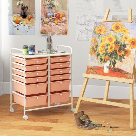 Costway 12-Drawer Rolling Storage Cart with Removable Drawers and Lockable Wheels-Peach W2B