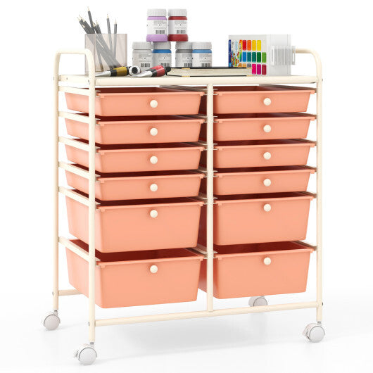 Costway 12-Drawer Rolling Storage Cart with Removable Drawers and Lockable Wheels-Peach W2B