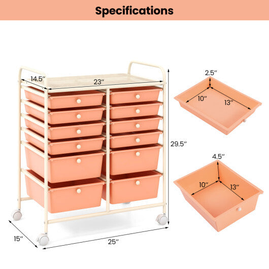 Costway 12-Drawer Rolling Storage Cart with Removable Drawers and Lockable Wheels-Peach W2B