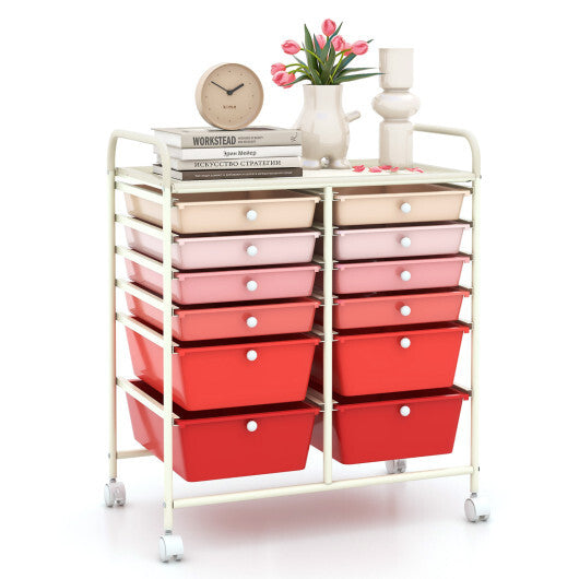 Costway 12-Drawer Rolling Storage Cart with Removable Drawers and Lockable Wheels-Pink W2B