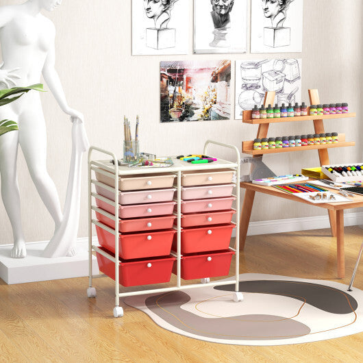 Costway 12-Drawer Rolling Storage Cart with Removable Drawers and Lockable Wheels-Pink W2B