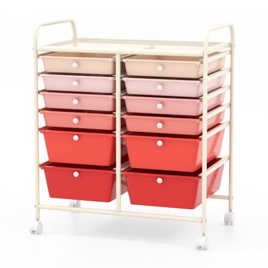Costway 12-Drawer Rolling Storage Cart with Removable Drawers and Lockable Wheels-Pink W2B