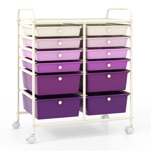 Costway 12-Drawer Rolling Storage Cart with Removable Drawers and Lockable Wheels-Purple W2B