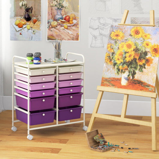 Costway 12-Drawer Rolling Storage Cart with Removable Drawers and Lockable Wheels-Purple W2B