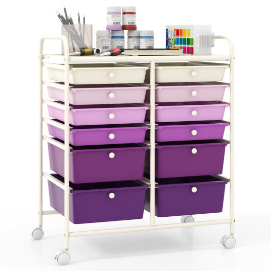 Costway 12-Drawer Rolling Storage Cart with Removable Drawers and Lockable Wheels-Purple W2B